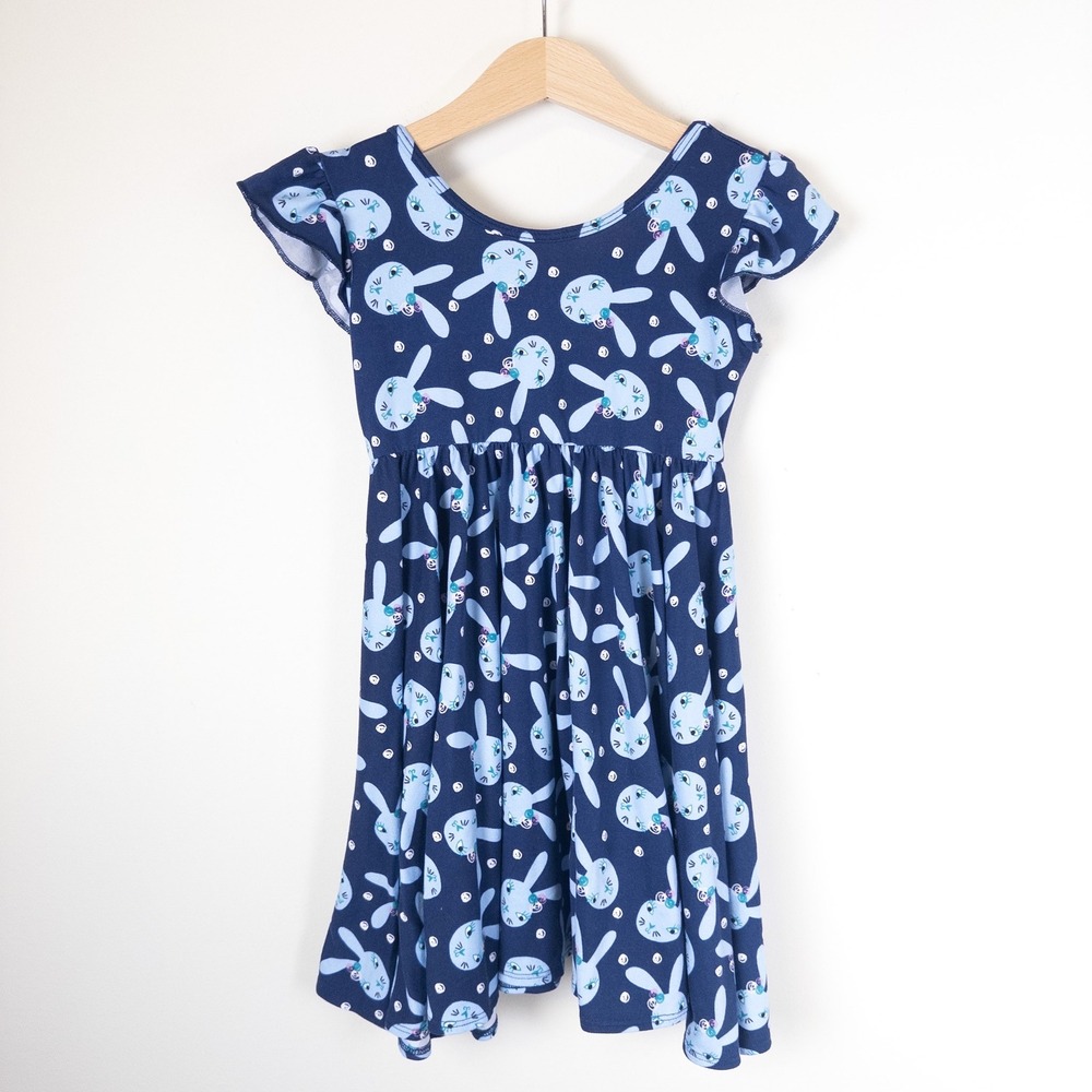 DotDotSmile Bunny Print Flutter Sleeve Dress Girls 3T 4T‎ Navy Blue Whimsical
